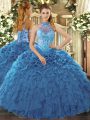 Amazing Teal Lace Up Quinceanera Dress Beading and Ruffles Sleeveless Floor Length