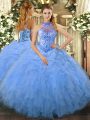 Beading and Ruffles Sweet 16 Dress Baby Blue Lace Up Sleeveless Floor Length