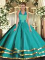 High End Turquoise Ball Gowns Halter Top Sleeveless Tulle Floor Length Lace Up Ruffled Layers Sweet 16 Quinceanera Dress