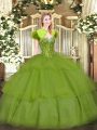 Sleeveless Floor Length Beading and Ruffled Layers Lace Up Quince Ball Gowns with Olive Green