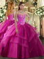 Deluxe Fuchsia Sweetheart Neckline Embroidery and Ruffled Layers Ball Gown Prom Dress Sleeveless Lace Up