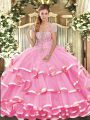Floor Length Rose Pink 15th Birthday Dress Strapless Sleeveless Lace Up