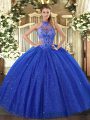 Glamorous Floor Length Royal Blue 15 Quinceanera Dress Tulle and Sequined Sleeveless Beading and Embroidery