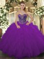 Purple Quince Ball Gowns Military Ball and Sweet 16 and Quinceanera with Beading and Ruffled Layers Sweetheart Sleeveless Lace Up