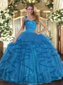Stylish Teal Ball Gown Prom Dress Military Ball and Sweet 16 and Quinceanera with Ruffles Halter Top Sleeveless Lace Up