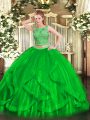 Glittering Scoop Sleeveless Lace Up Sweet 16 Dresses Green Organza