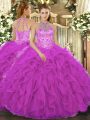 Affordable Fuchsia Organza Lace Up Halter Top Sleeveless Floor Length Quinceanera Gown Beading and Embroidery and Ruffles