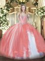 Coral Red Tulle Lace Up 15 Quinceanera Dress Sleeveless Floor Length Beading and Ruffles