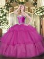 Floor Length Fuchsia Quinceanera Gowns Tulle Sleeveless Beading and Ruffled Layers