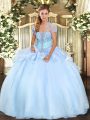 Custom Made Light Blue Lace Up Quinceanera Gowns Appliques Sleeveless Floor Length