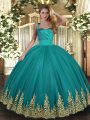 Trendy Turquoise Sleeveless Appliques Floor Length Ball Gown Prom Dress