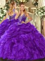 Purple Organza Lace Up Straps Sleeveless Floor Length Sweet 16 Dresses Beading and Ruffles and Pick Ups