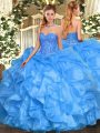 Sweetheart Sleeveless Quince Ball Gowns Floor Length Beading and Ruffles Baby Blue Organza