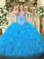 Gorgeous Baby Blue Ball Gowns Beading and Ruffles Ball Gown Prom Dress Lace Up Organza Sleeveless Floor Length