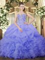 Designer Lavender Sleeveless Floor Length Beading and Ruffles and Pick Ups Lace Up Sweet 16 Quinceanera Dress