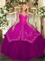High Quality Floor Length Fuchsia Sweet 16 Quinceanera Dress Organza and Taffeta Long Sleeves Lace and Embroidery