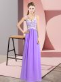 Superior Floor Length Lavender Party Dress Wholesale Chiffon Sleeveless Lace
