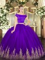 Purple Short Sleeves Appliques Floor Length 15 Quinceanera Dress