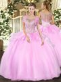 Floor Length Baby Pink 15 Quinceanera Dress Tulle Sleeveless Beading and Ruffles
