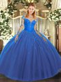 Tulle Scoop Long Sleeves Lace Up Lace Vestidos de Quinceanera in Blue
