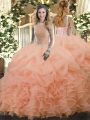 Peach Sleeveless Organza Lace Up Quince Ball Gowns for Military Ball and Sweet 16 and Quinceanera
