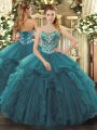 Turquoise Sleeveless Tulle Lace Up Sweet 16 Dress for Military Ball and Sweet 16 and Quinceanera