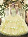 Custom Made Light Yellow Sleeveless Floor Length Beading and Ruffled Layers Lace Up 15 Quinceanera Dress
