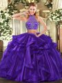 Purple Halter Top Neckline Beading and Ruffled Layers 15th Birthday Dress Sleeveless Criss Cross