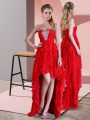 Unique High Low Lace Up Party Dress Red for Prom and Party with Beading Sweep Train