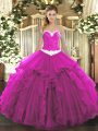 Glittering Fuchsia Ball Gowns Sweetheart Sleeveless Organza Floor Length Lace Up Appliques and Ruffles Ball Gown Prom Dress