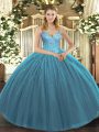 Classical Teal Lace Up 15th Birthday Dress Beading Sleeveless Floor Length