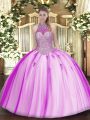 Graceful Fuchsia Tulle Lace Up Quinceanera Gowns Sleeveless Floor Length Beading and Appliques