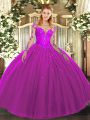 Great Fuchsia Tulle Lace Up Scoop Long Sleeves Floor Length 15 Quinceanera Dress Lace