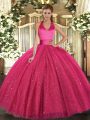 Ball Gowns Vestidos de Quinceanera Hot Pink Halter Top Tulle Sleeveless Floor Length Lace Up