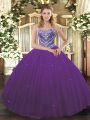 Colorful Purple Sleeveless Floor Length Beading Lace Up Sweet 16 Quinceanera Dress