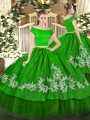 Organza and Taffeta Off The Shoulder Short Sleeves Zipper Embroidery Quinceanera Gowns in Green