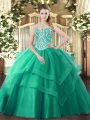 Glittering Sweetheart Sleeveless Lace Up Quinceanera Dresses Turquoise Tulle
