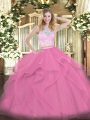 Rose Pink Tulle Zipper Ball Gown Prom Dress Sleeveless Floor Length Lace and Ruffles