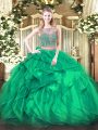 Turquoise Two Pieces Organza Scoop Sleeveless Beading and Ruffles Floor Length Lace Up Ball Gown Prom Dress