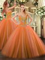 Chic Orange Red Ball Gowns Tulle Sweetheart Sleeveless Beading Floor Length Lace Up Ball Gown Prom Dress