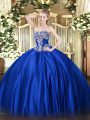 Best Royal Blue Satin Lace Up Strapless Sleeveless Floor Length Quince Ball Gowns Beading