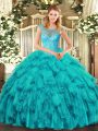 Low Price Aqua Blue Scoop Neckline Beading and Ruffles 15 Quinceanera Dress Sleeveless Lace Up