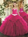 Deluxe Sweetheart Sleeveless Vestidos de Quinceanera Floor Length Appliques and Ruffles Hot Pink Organza
