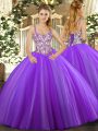Lavender Ball Gowns Straps Sleeveless Tulle Floor Length Lace Up Beading and Appliques 15th Birthday Dress