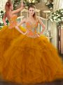 Exceptional Brown Lace Up Sweetheart Beading and Ruffles Quinceanera Gown Tulle Sleeveless