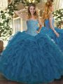 Fabulous Teal Tulle Lace Up Sweetheart Sleeveless Floor Length Quinceanera Dress Beading and Ruffles