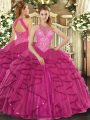 Sleeveless Tulle Floor Length Lace Up Sweet 16 Dresses in Hot Pink with Beading and Ruffles