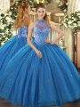 Shining Halter Top Sleeveless Tulle 15th Birthday Dress Beading and Embroidery Lace Up