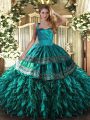 Vintage Turquoise Ball Gowns Organza Halter Top Sleeveless Embroidery and Ruffles Floor Length Lace Up Vestidos de Quinceanera