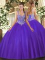 Sleeveless Floor Length Beading Lace Up Sweet 16 Quinceanera Dress with Purple